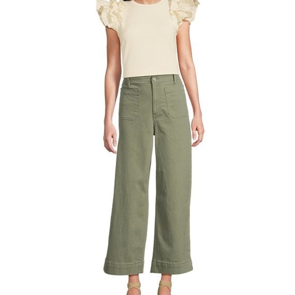 Hollywood Waist High-Rise Wide-Leg Patch Pocket Cropped Washed Aloe Jeans - Picture 3 of 6